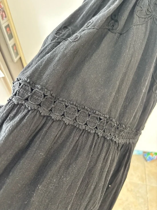 Black Dark Cottagecore Whimsigoth Midi Dress Romantic Lace Crochet Embroidery - Picture 7 of 14